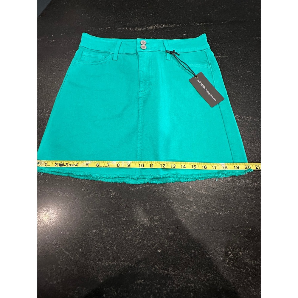 Just Black Denim Jade Green A-Line Mini Skirt M Double Button Raw Hem NWT - Picture 9 of 9